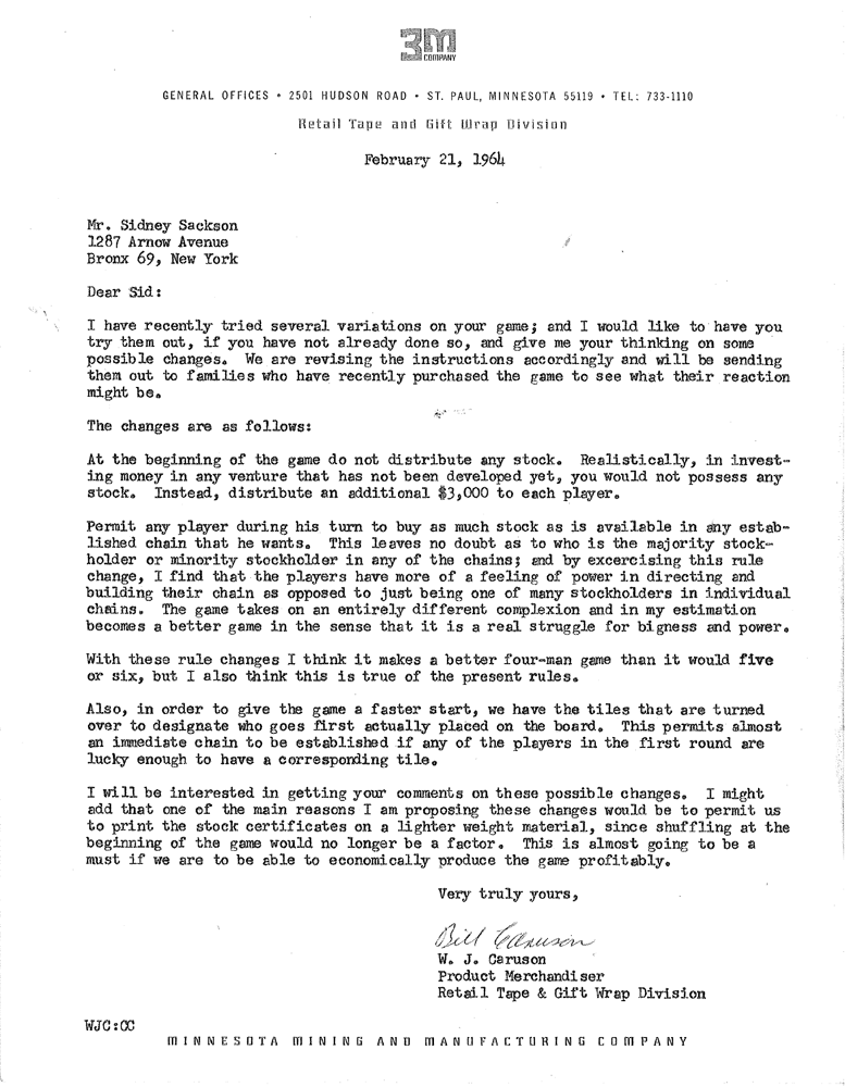 3M Letter dated February 21, 1964
