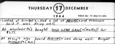 Sid's Diary Entry December 17, 1964