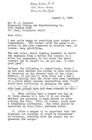Sid Sackson letter to 3M dated August 5, 1964 - Page 1